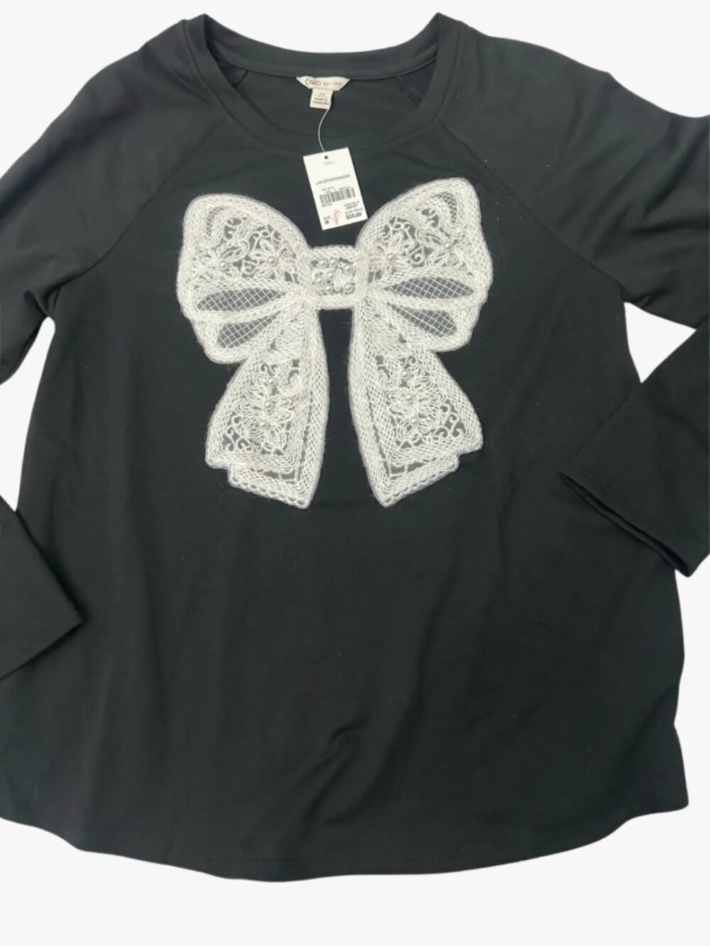 Cato Black Long Sleeve Top with White Lace Bow Appliqué Medium NWT